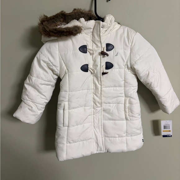 Nautica Girls Size 3T Cream Puffer Jacket New Removable Fur Hood Winter Coat New - Picture 1 of 6
